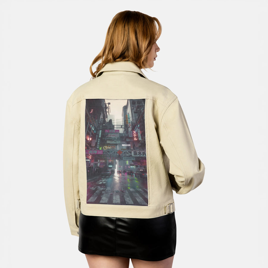 bigmess patch on female atelier canvas jacket in tan
