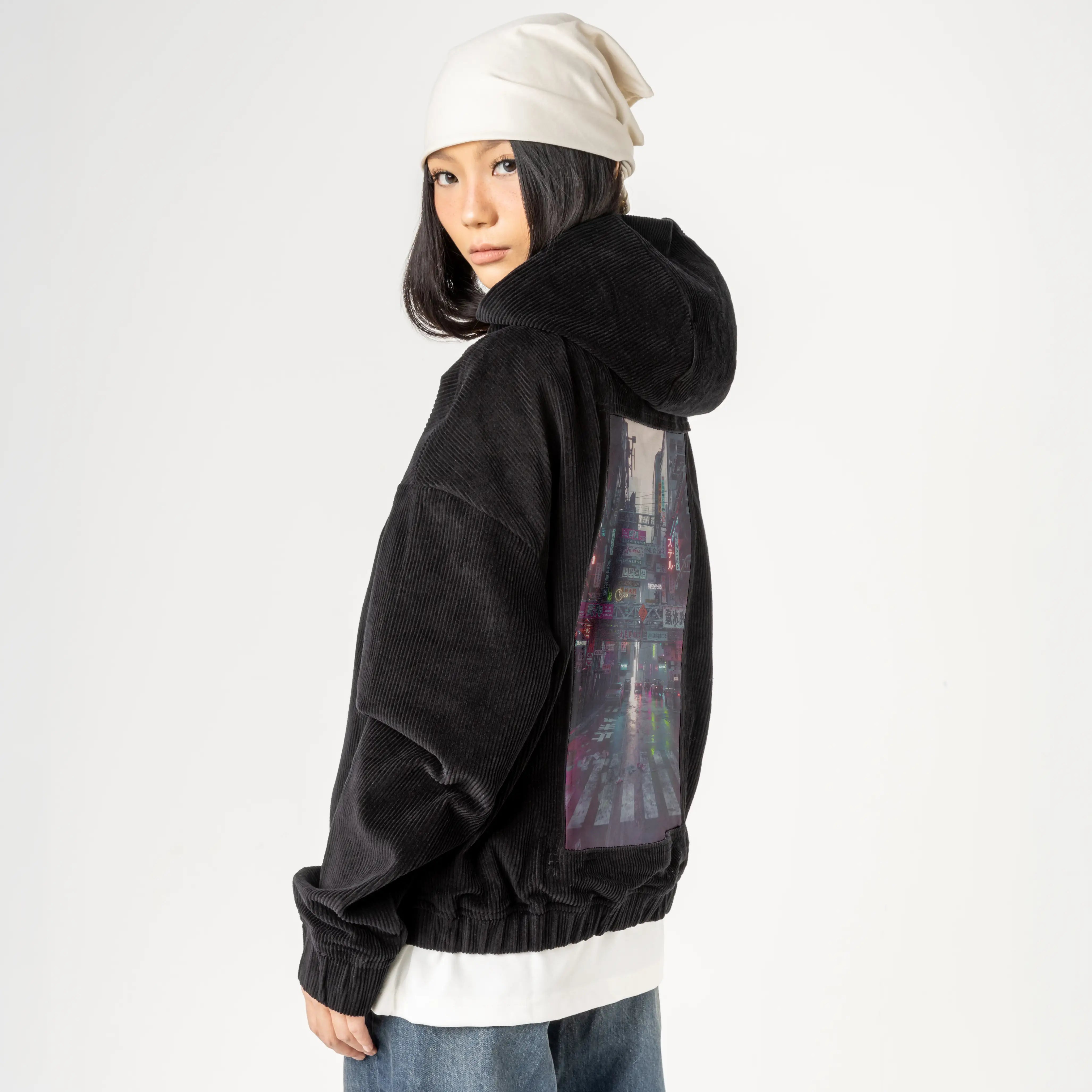 bigmess patch on female retro cord hoodie in onyx