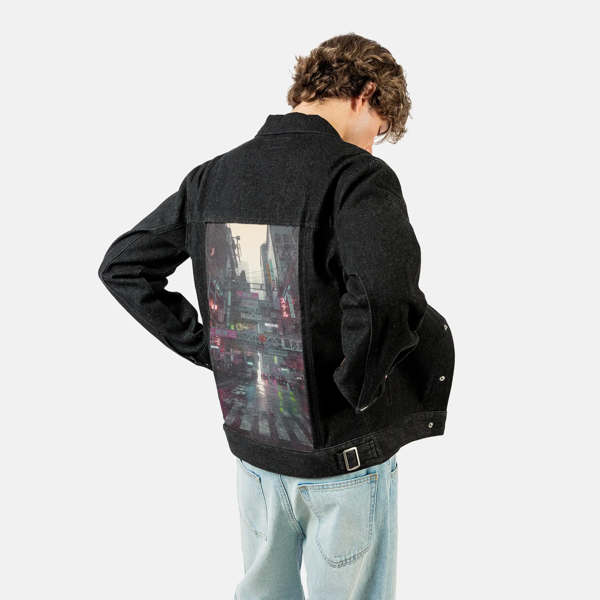 bigmess patch on male og denim jacket in raven