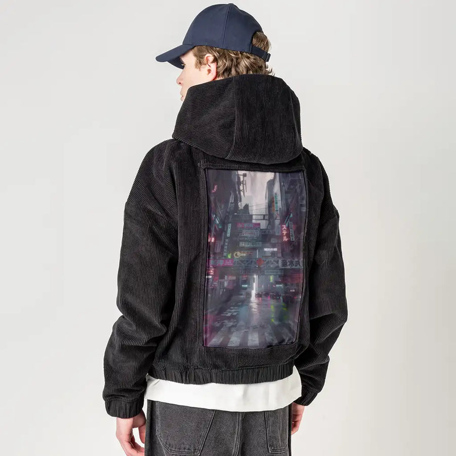 bigmess patch on male retro cord hoodie in onyx