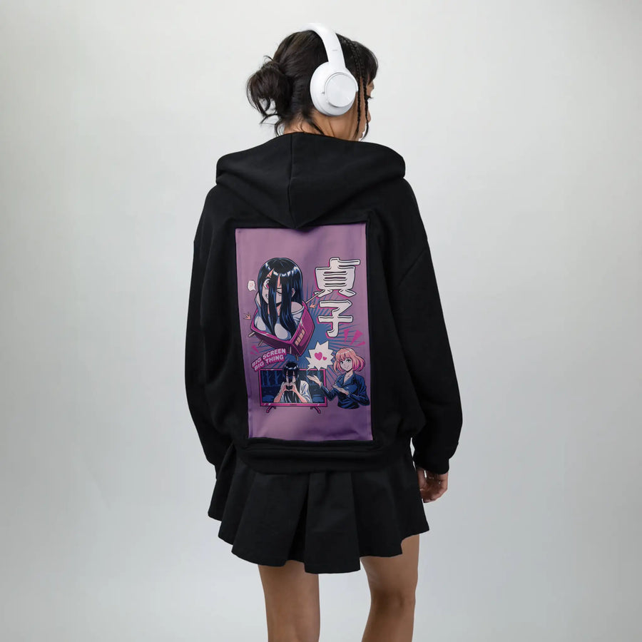 bigscreenlove patch on female essential zip hoodie in after hours