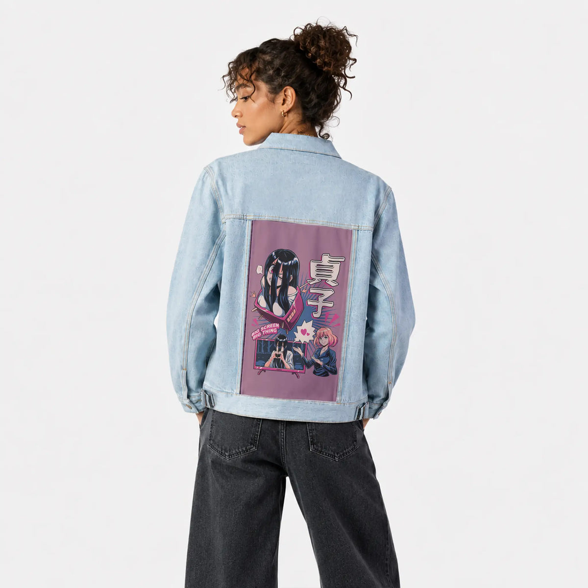 bigscreenlove patch on female og denim jacket in oceanside