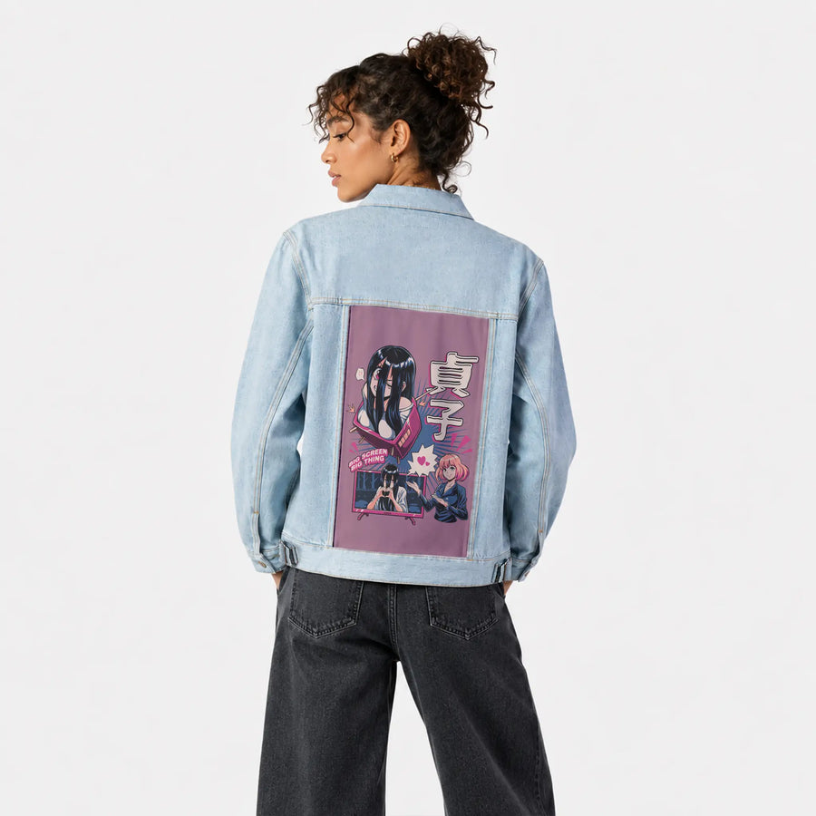 bigscreenlove patch on female og denim jacket in oceanside