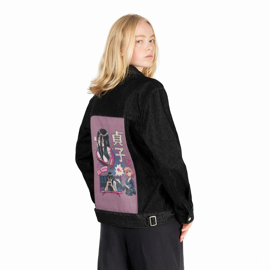 bigscreenlove patch on female og denim jacket in raven