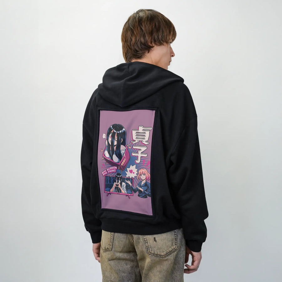 bigscreenlove patch on male essential zip hoodie in after hours
