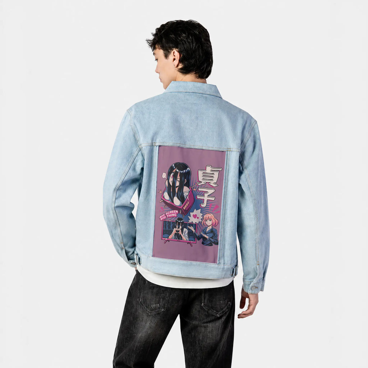 bigscreenlove patch on male og denim jacket in oceanside