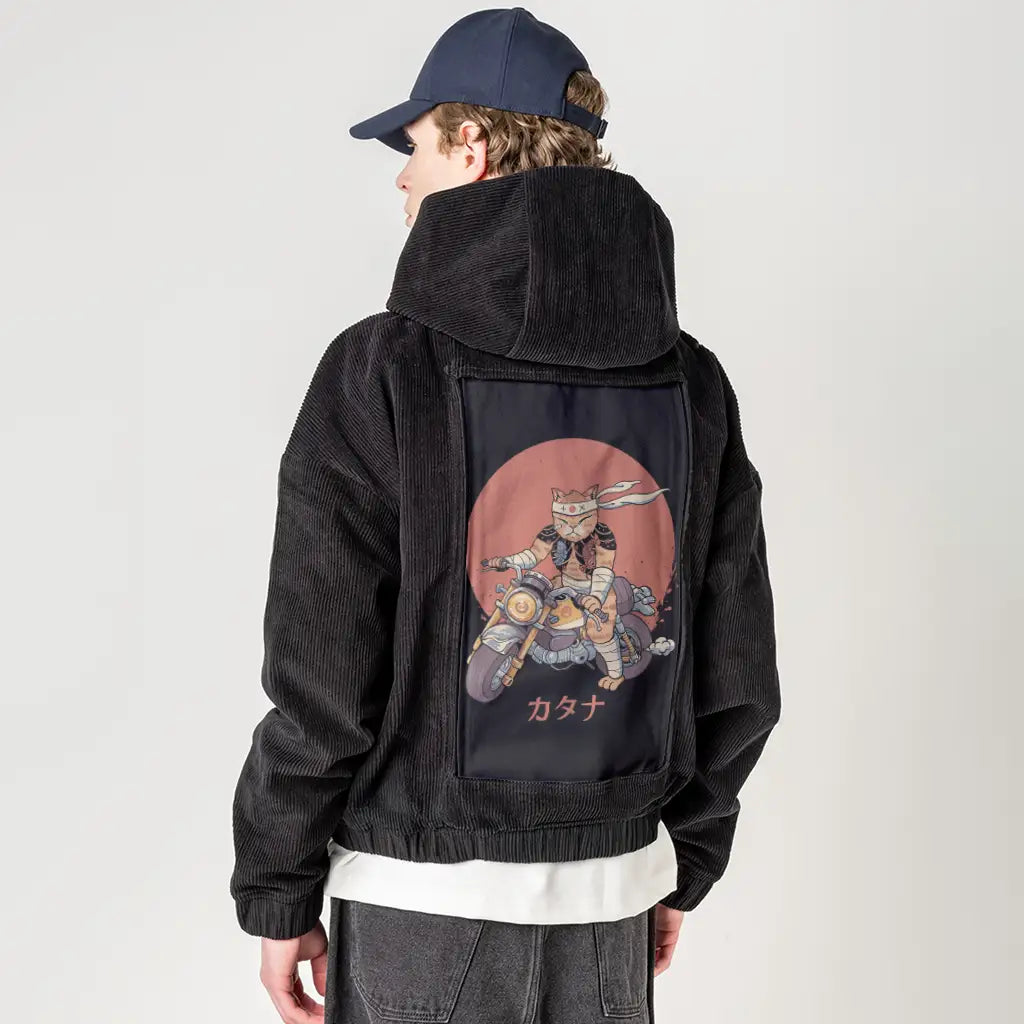 bikercatgang patch on male retro cord hoodie in onyx