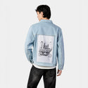 birdboat patch on male og denim jacket in oceanside
