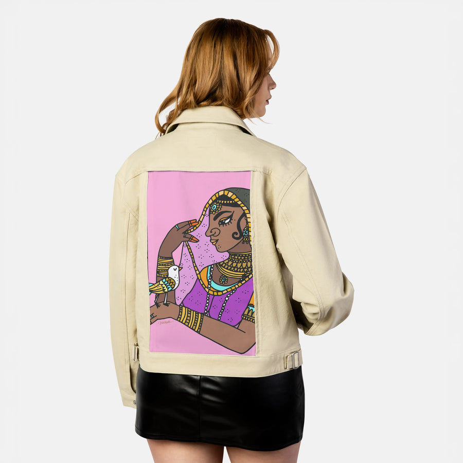 birdinhand patch on female atelier canvas jacket in tan