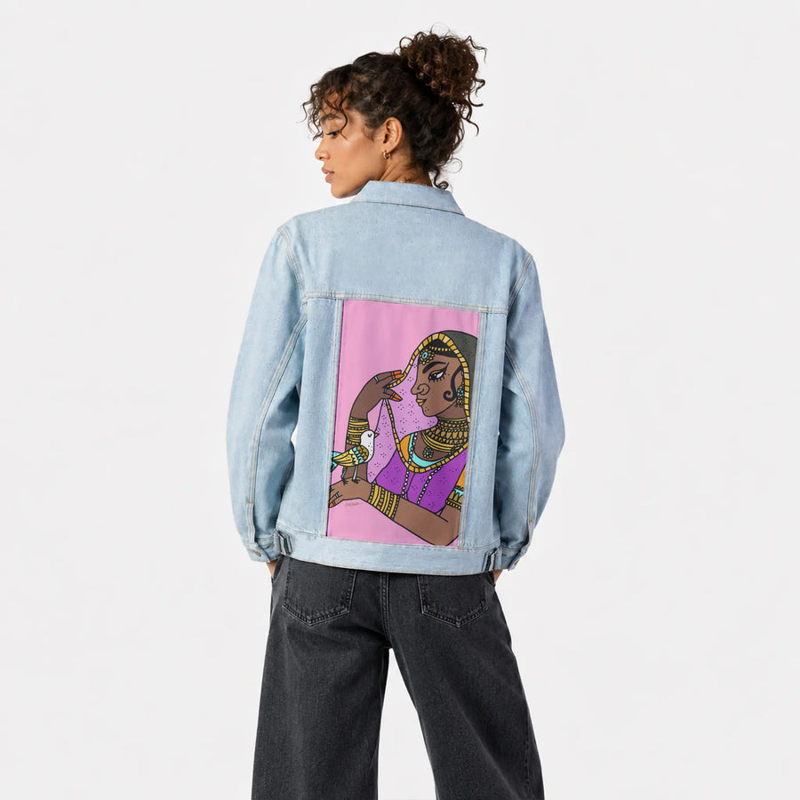 birdinhand patch on female og denim jacket in oceanside