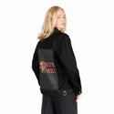 biteme patch on female og denim jacket in raven