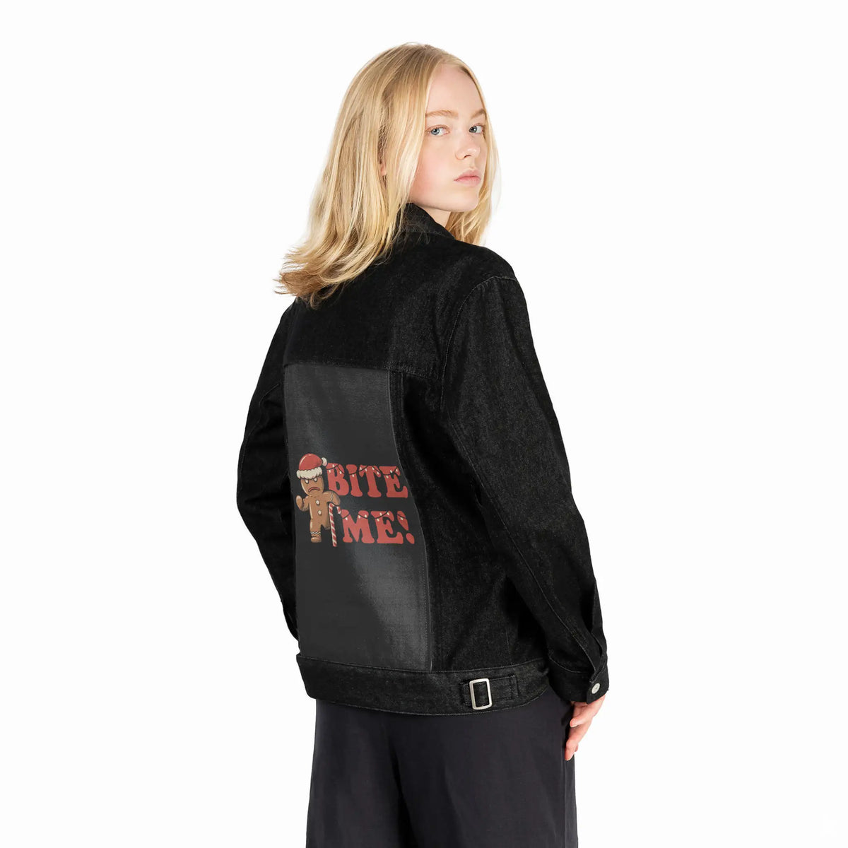 biteme patch on female og denim jacket in raven