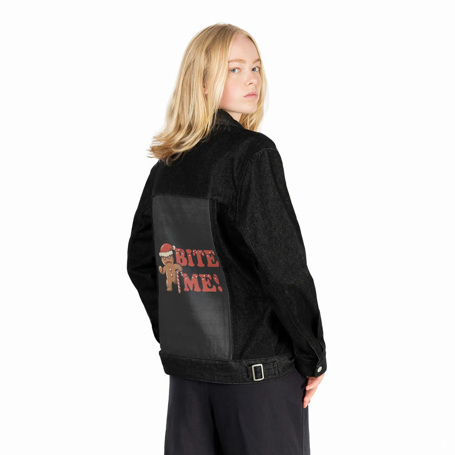 biteme patch on female og denim jacket in raven
