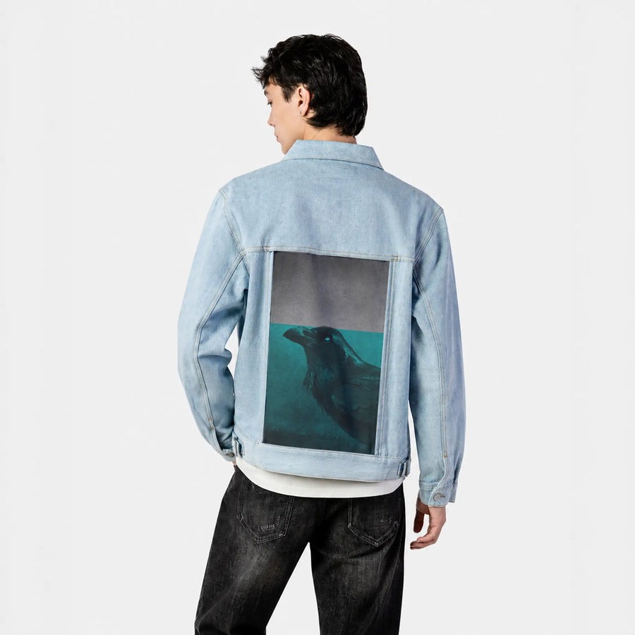 blackbird patch on male og denim jacket in oceanside