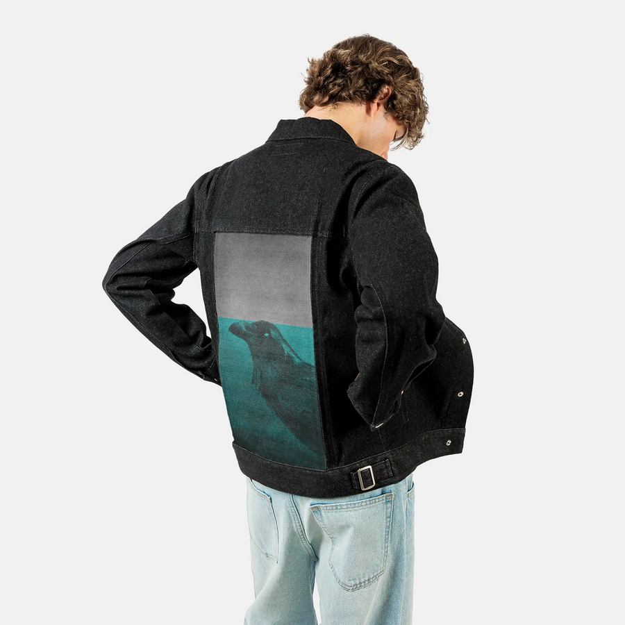blackbird patch on male og denim jacket in raven