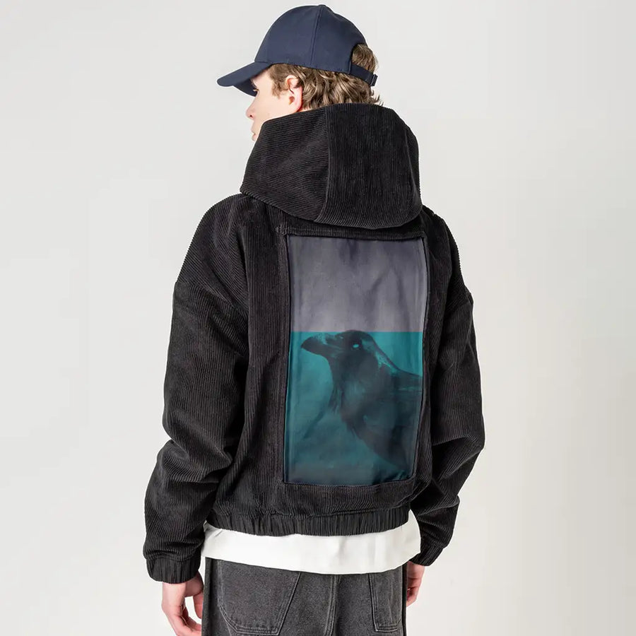 blackbird patch on male retro cord hoodie in onyx