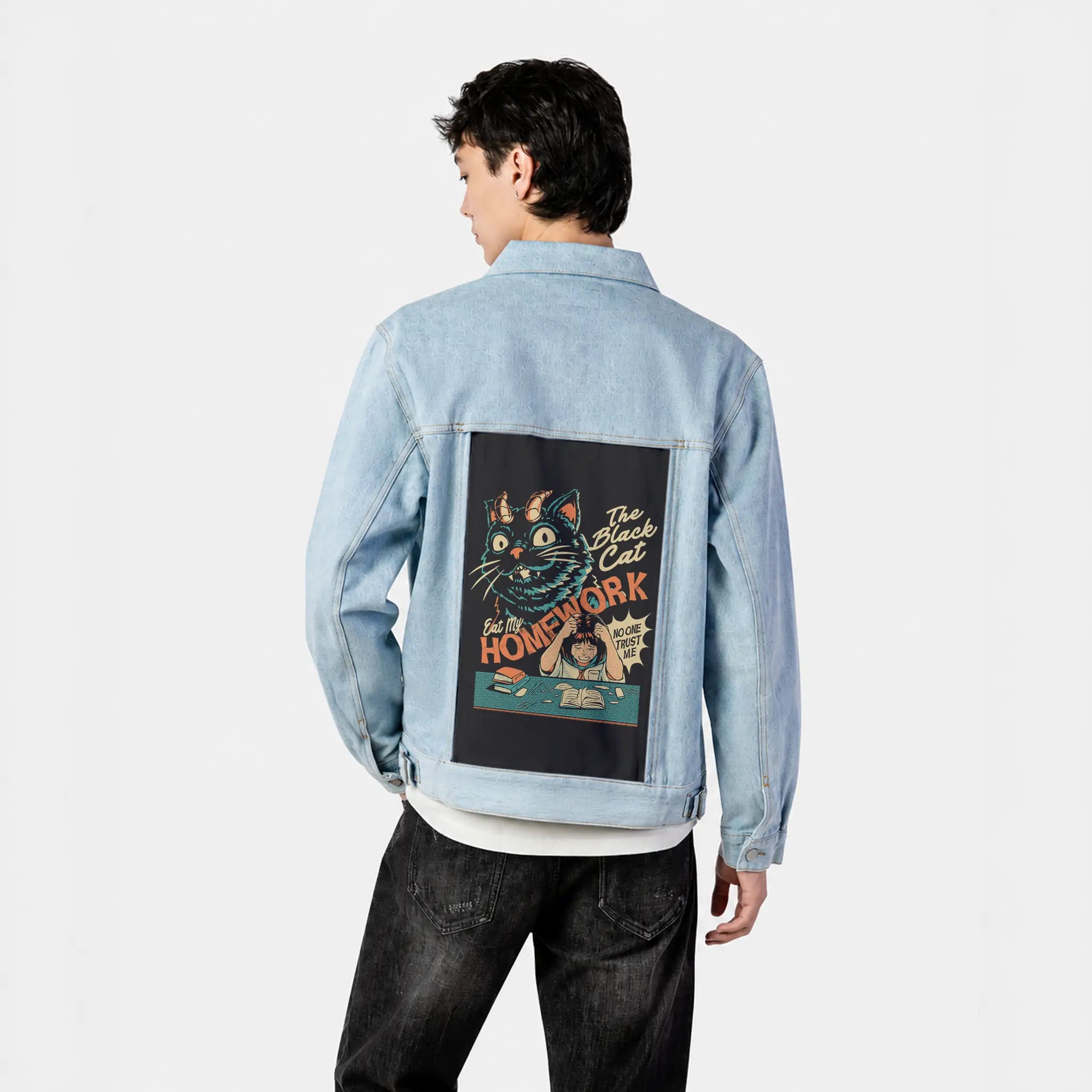 blackcatmischief patch on male og denim jacket in oceanside