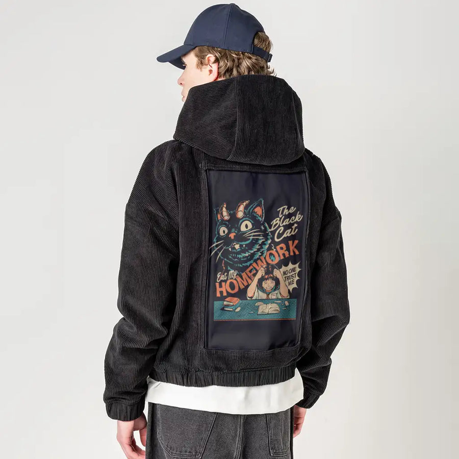 blackcatmischief patch on male retro cord hoodie in onyx