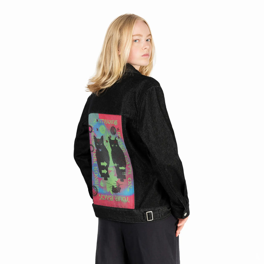 blackcats patch on female og denim jacket in raven