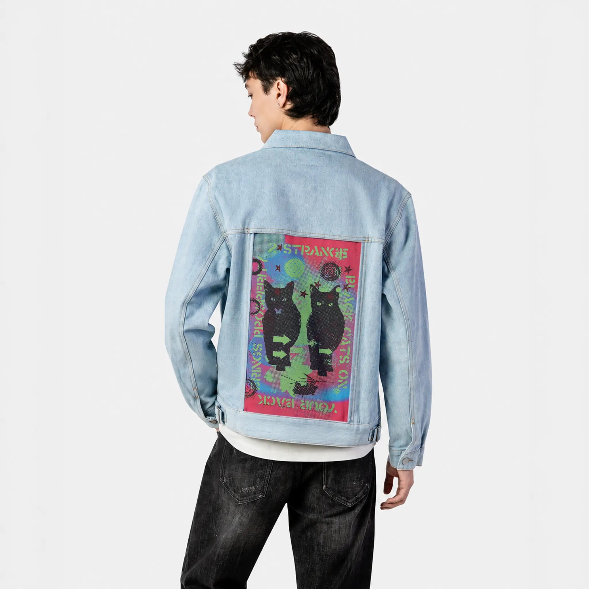 blackcats patch on male og denim jacket in oceanside