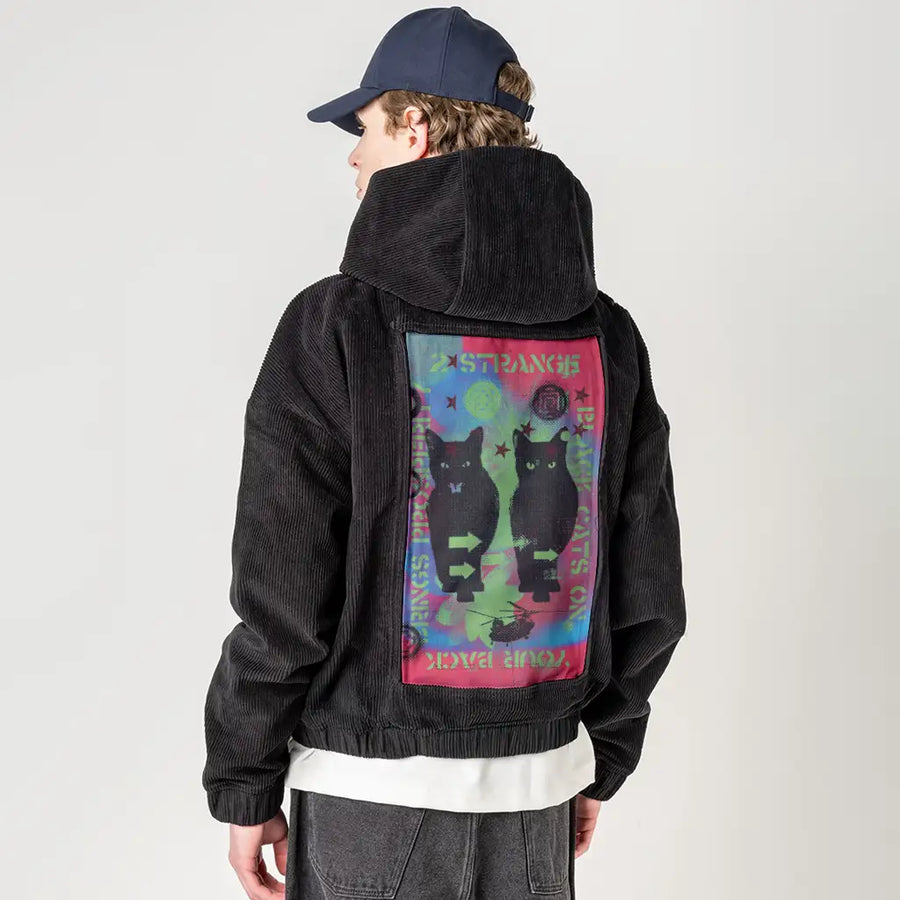 blackcats patch on male retro cord hoodie in onyx