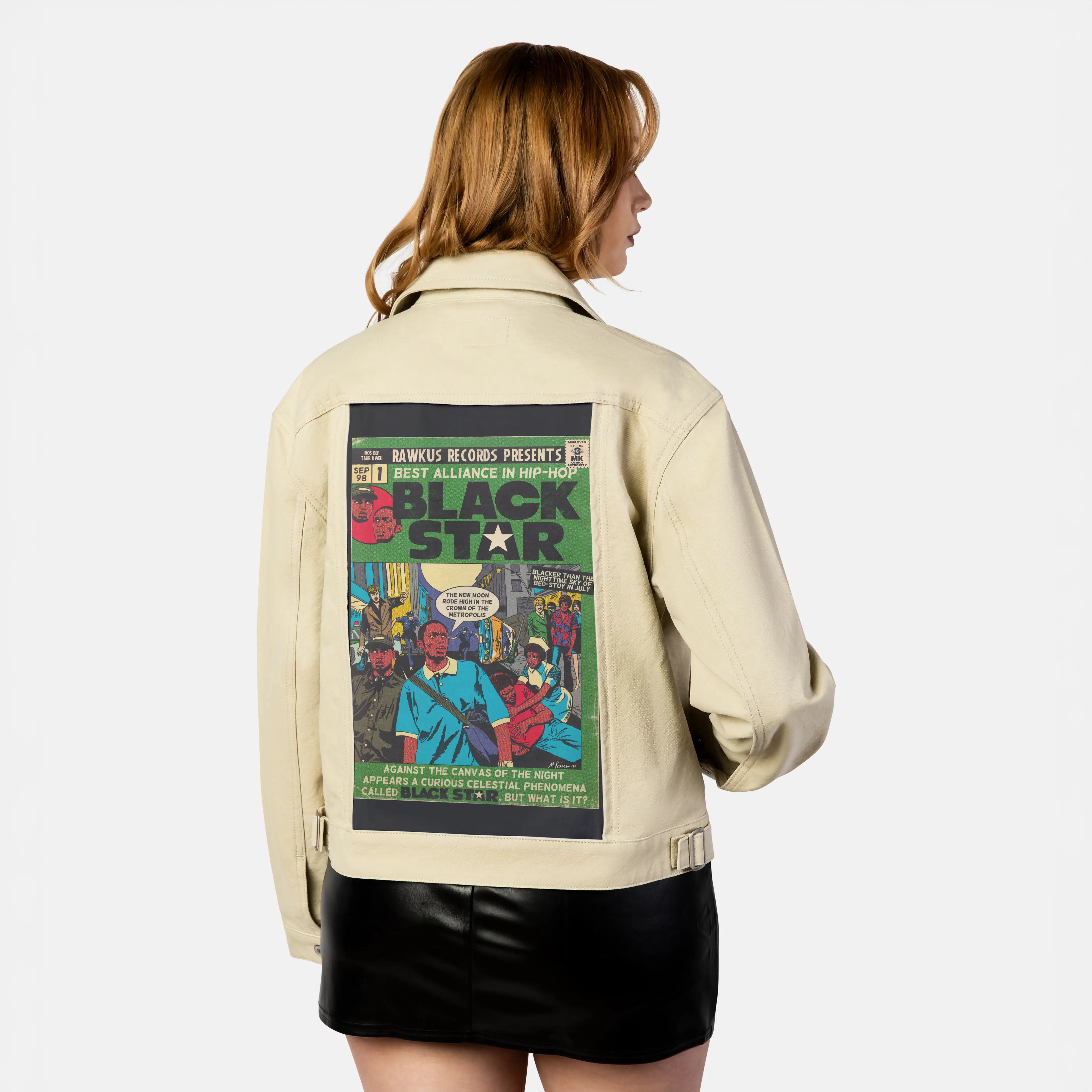 blackstar patch on female atelier canvas jacket in tan