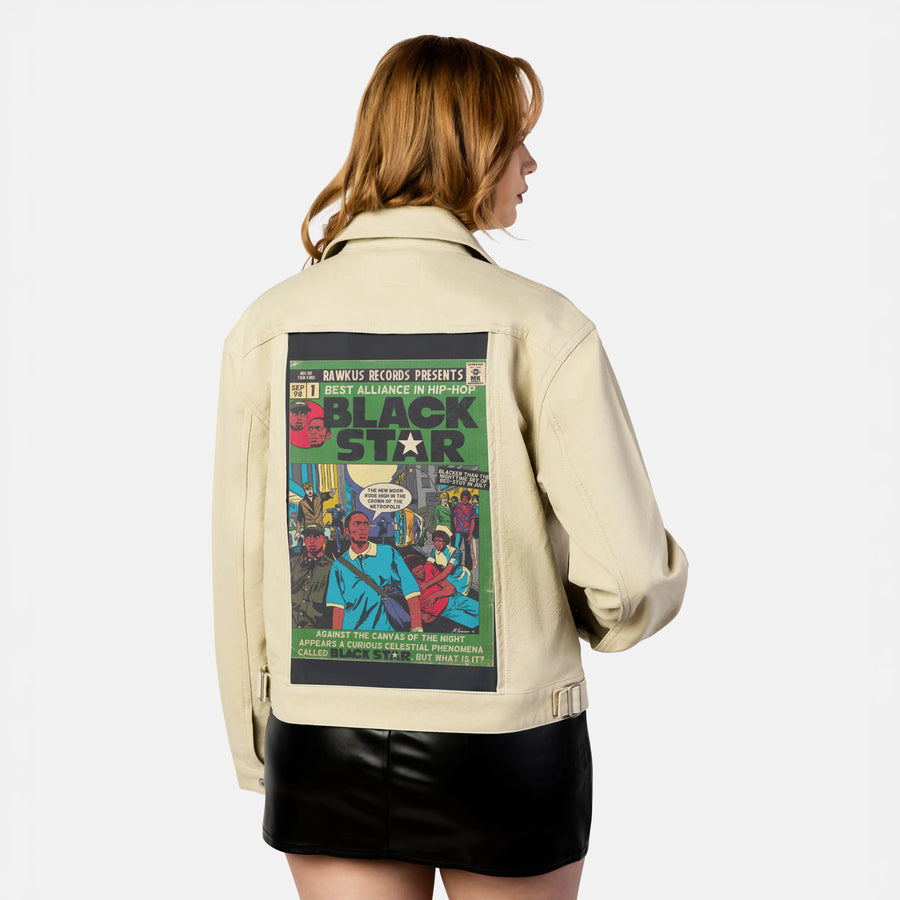 blackstar patch on female atelier canvas jacket in tan