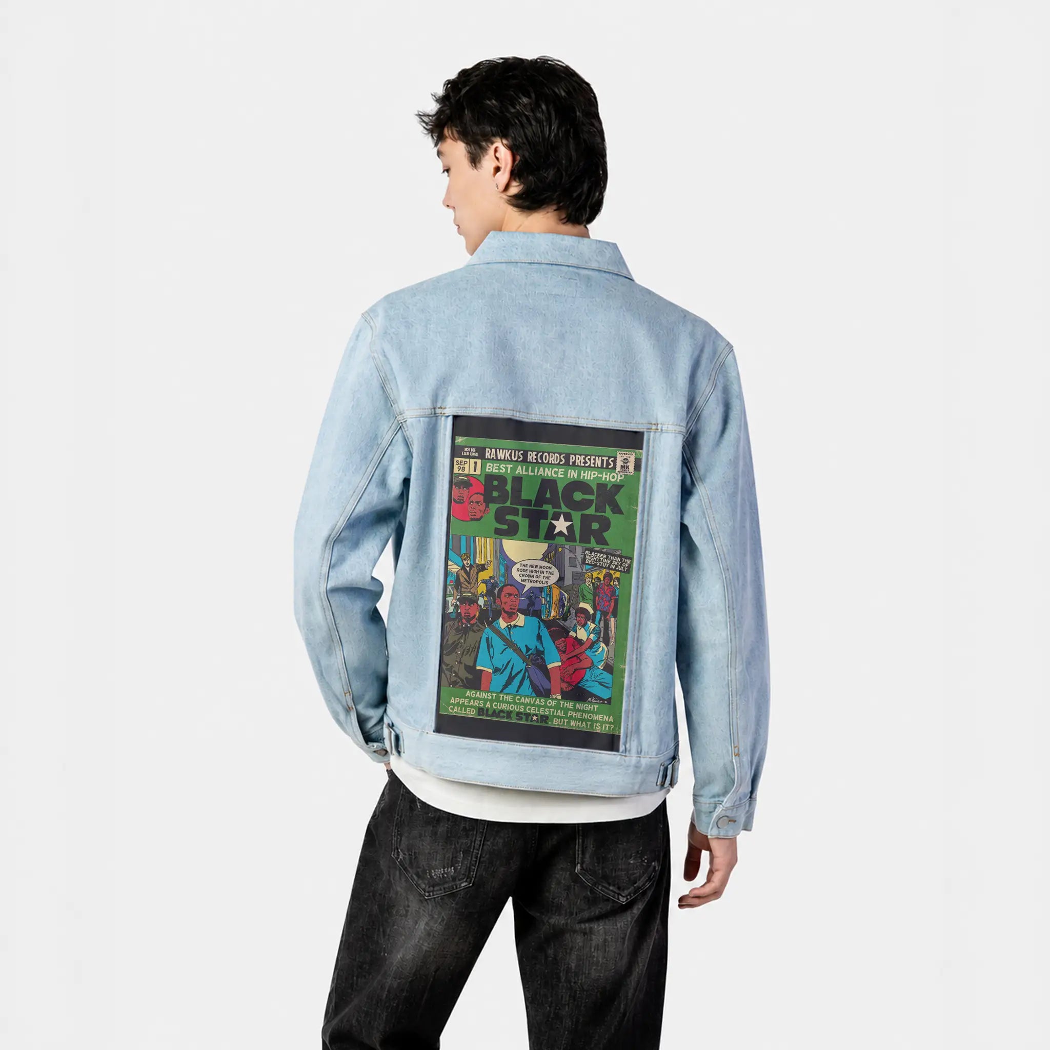 blackstar patch on male og denim jacket in oceanside
