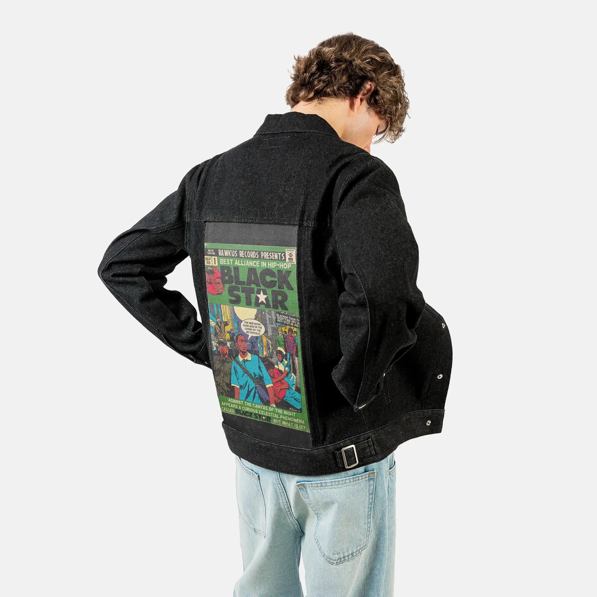 blackstar patch on male og denim jacket in raven