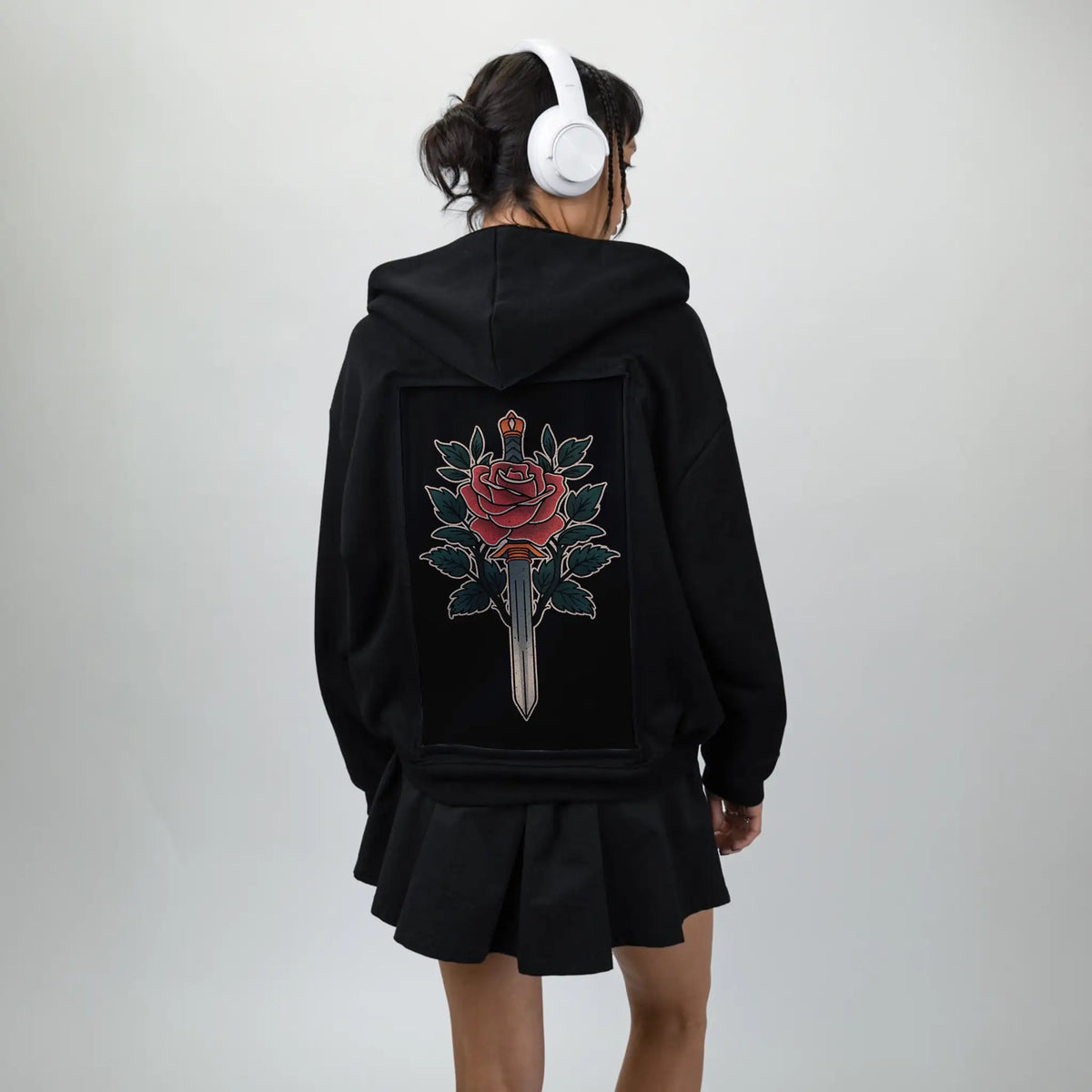 bladeofroses patch on female essential zip hoodie in after hours