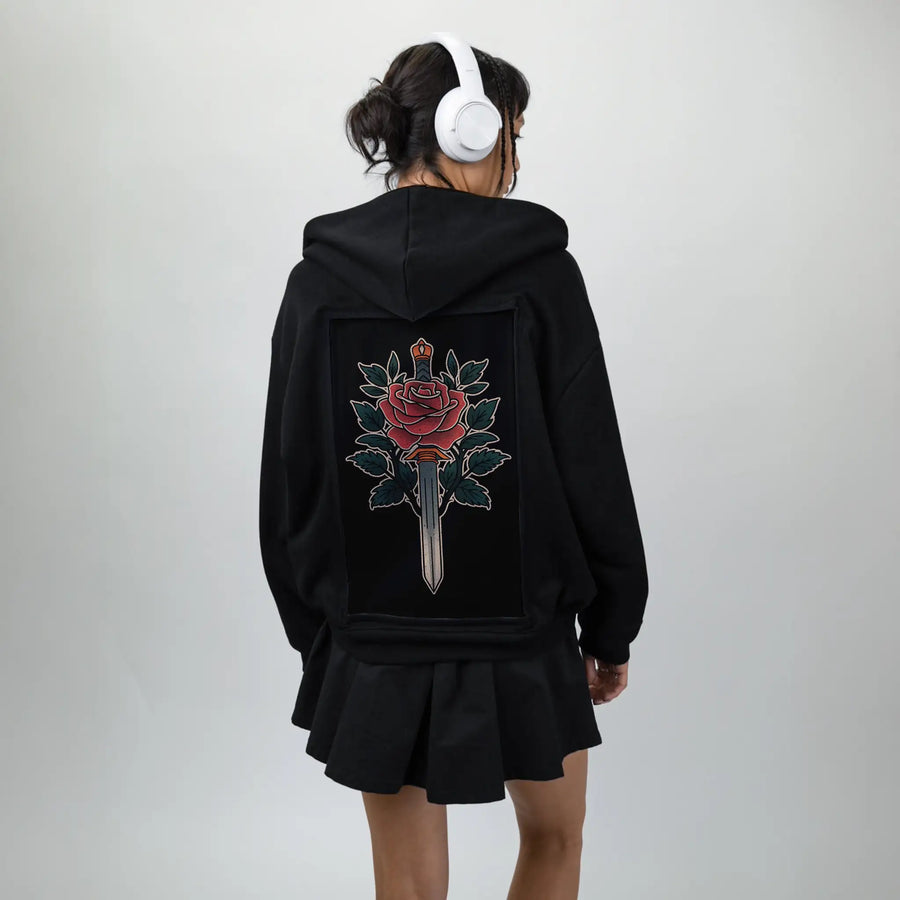 bladeofroses patch on female essential zip hoodie in after hours