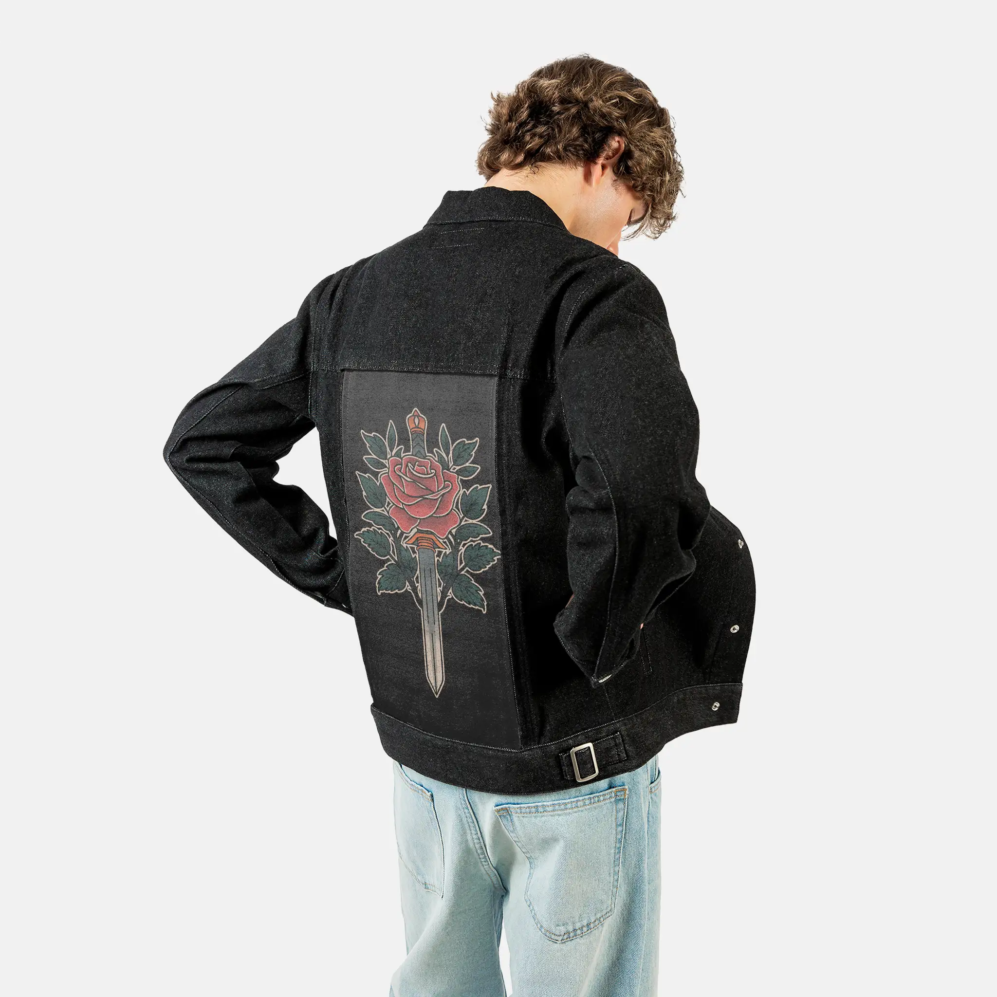 bladeofroses patch on male og denim jacket in raven
