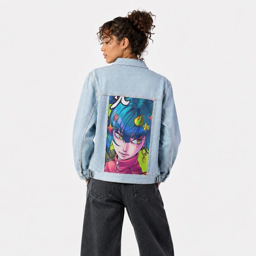 blaze patch on female og denim jacket in oceanside