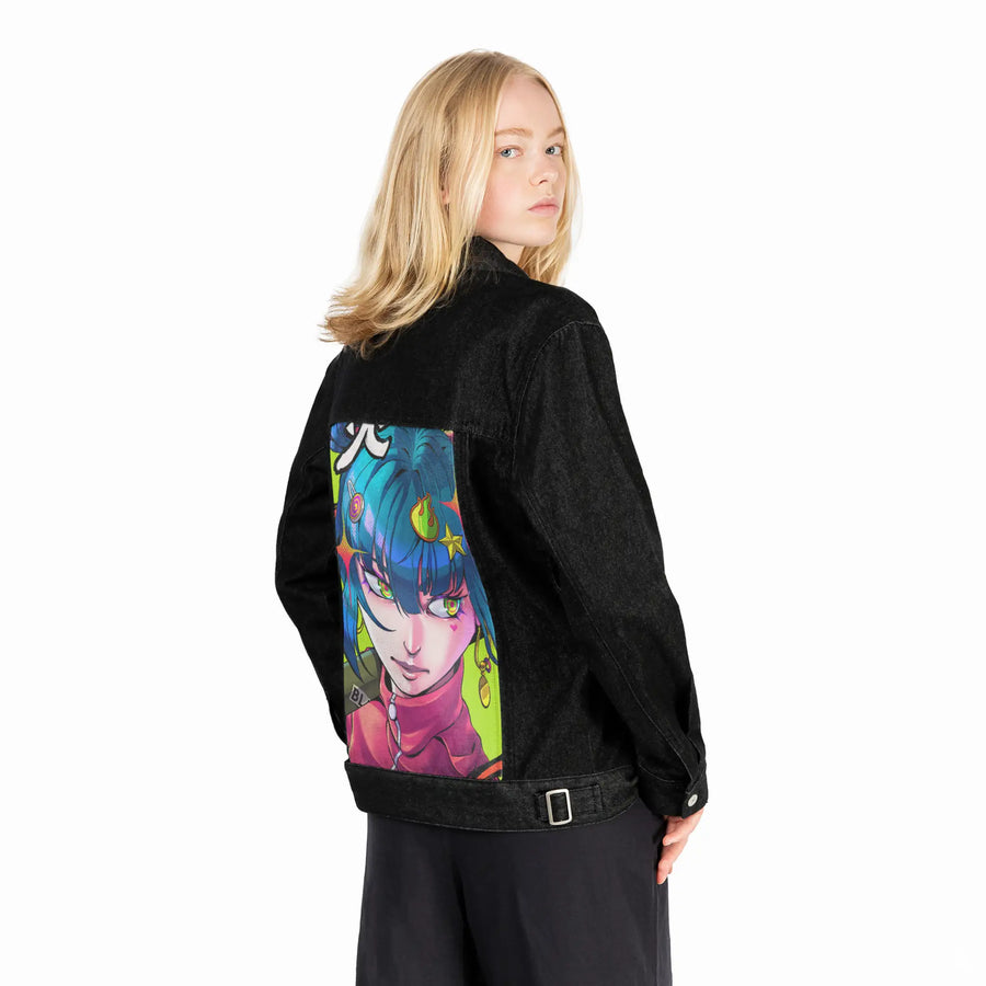 blaze patch on female og denim jacket in raven