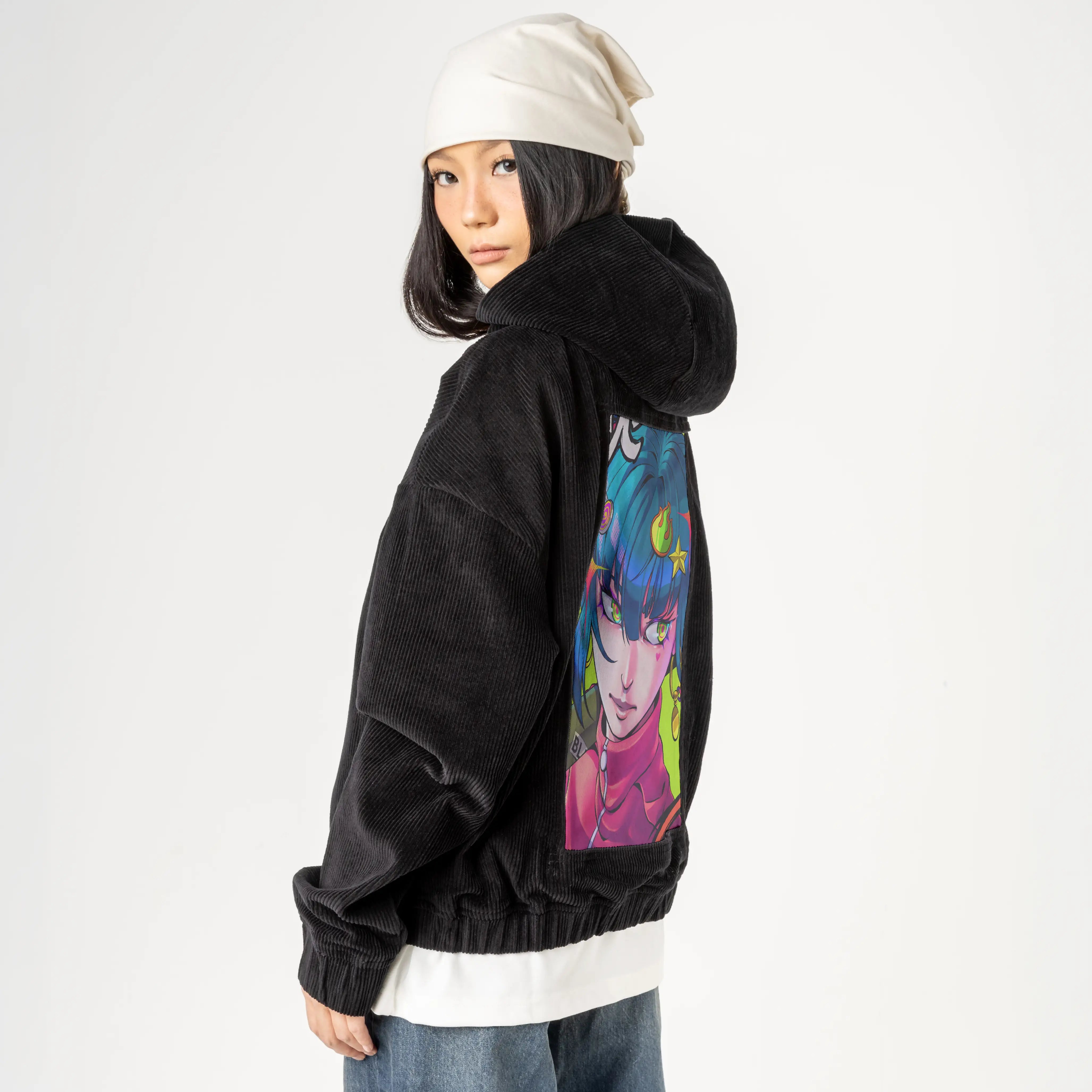 blaze patch on female retro cord hoodie in onyx