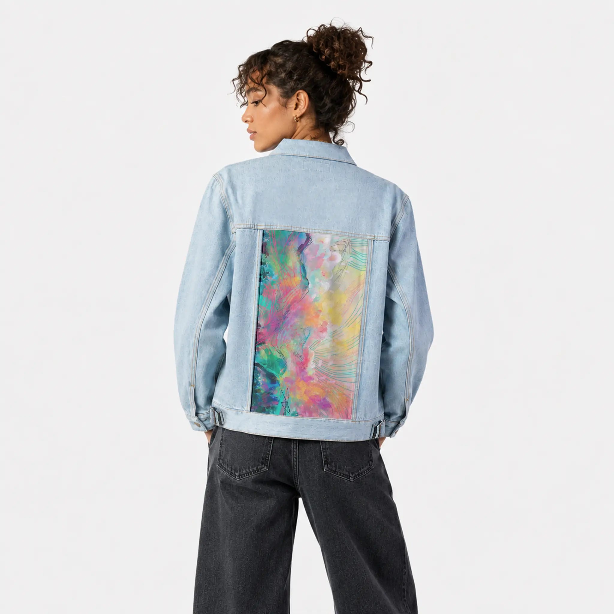 blissful patch on female og denim jacket in oceanside