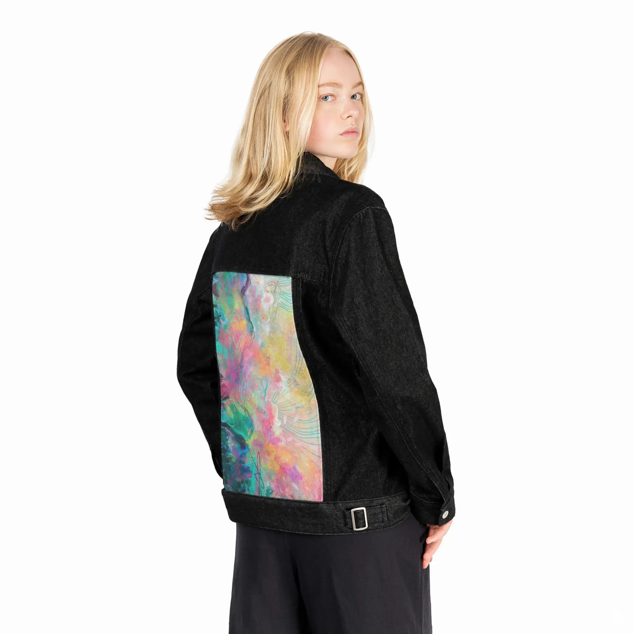 blissful patch on female og denim jacket in raven