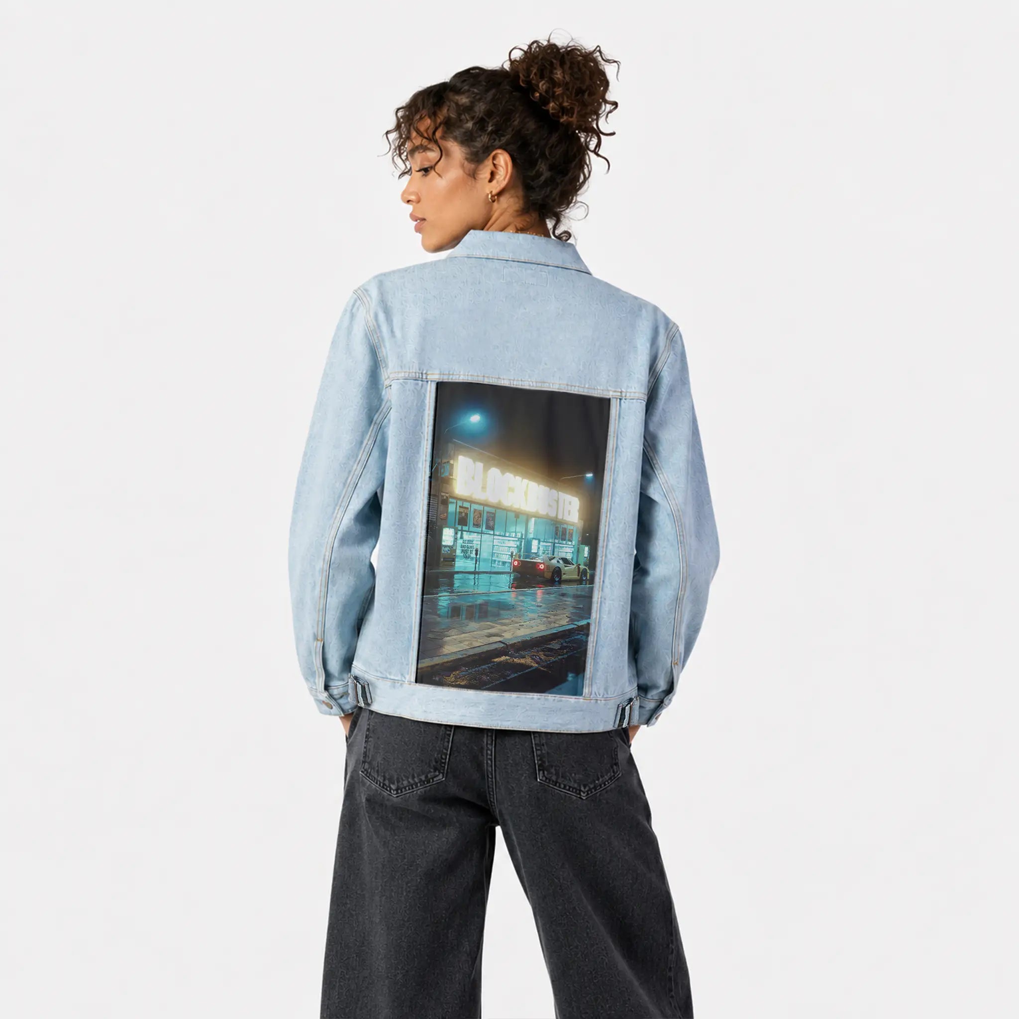 blockbuster patch on female og denim jacket in oceanside