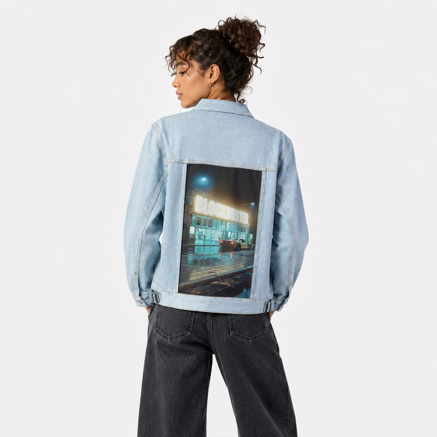 blockbuster patch on female og denim jacket in oceanside