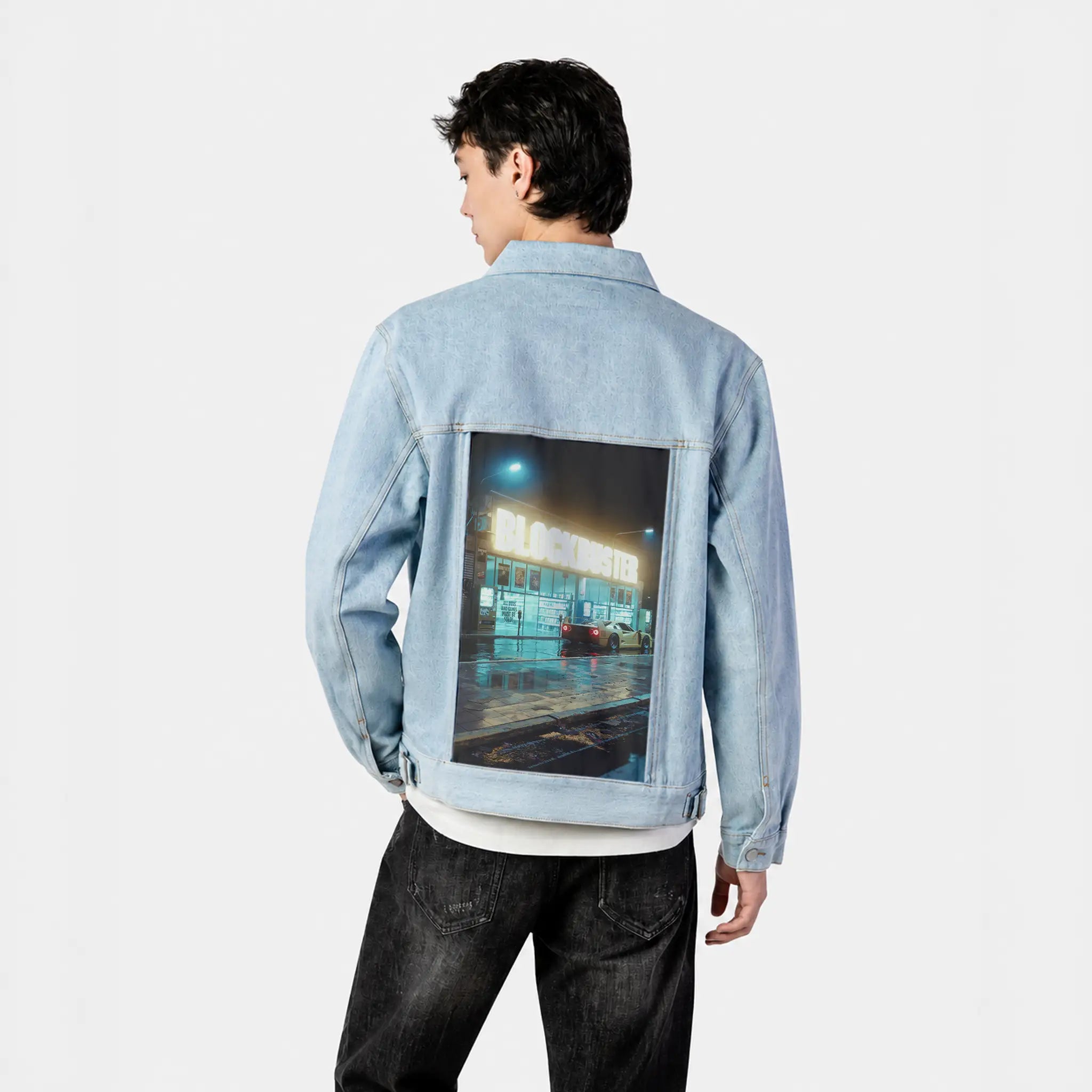 blockbuster patch on male og denim jacket in oceanside