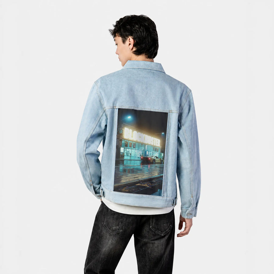 blockbuster patch on male og denim jacket in oceanside