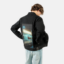 blockbuster patch on male og denim jacket in raven