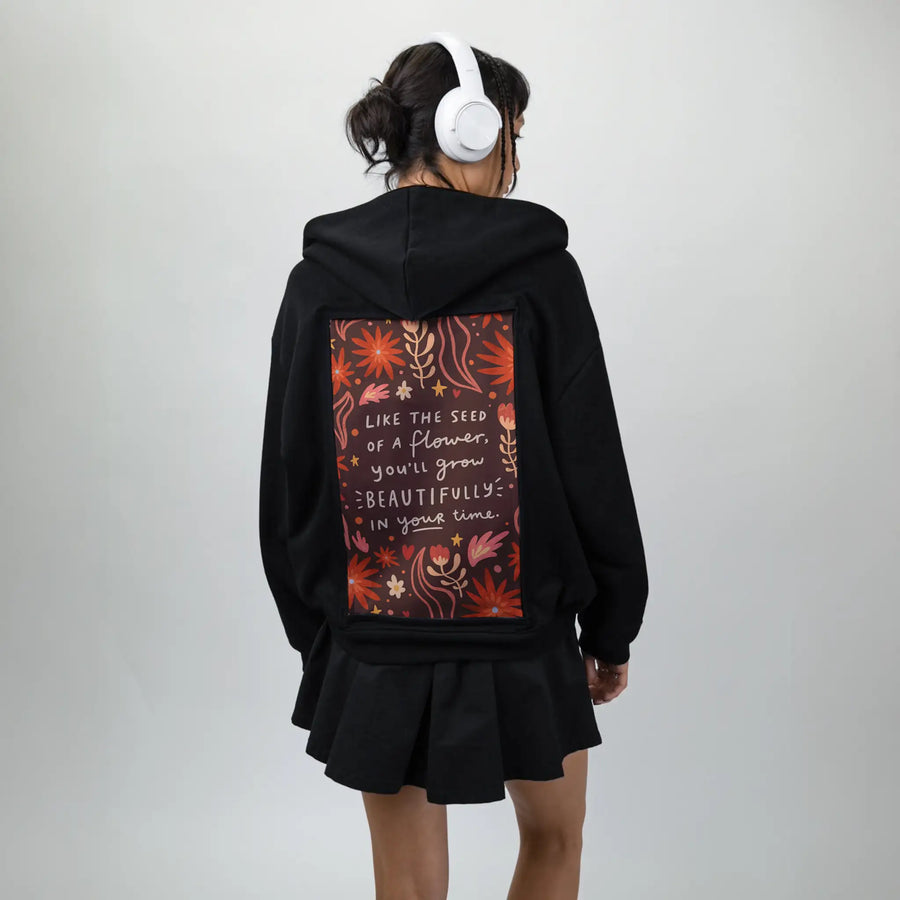 bloom patch on female essential zip hoodie in after hours