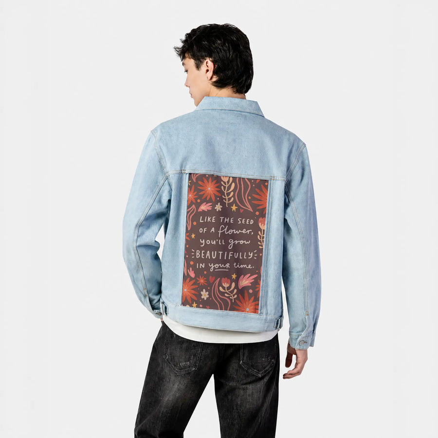 bloom patch on male og denim jacket in oceanside
