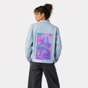 blossomcity patch on female og denim jacket in oceanside
