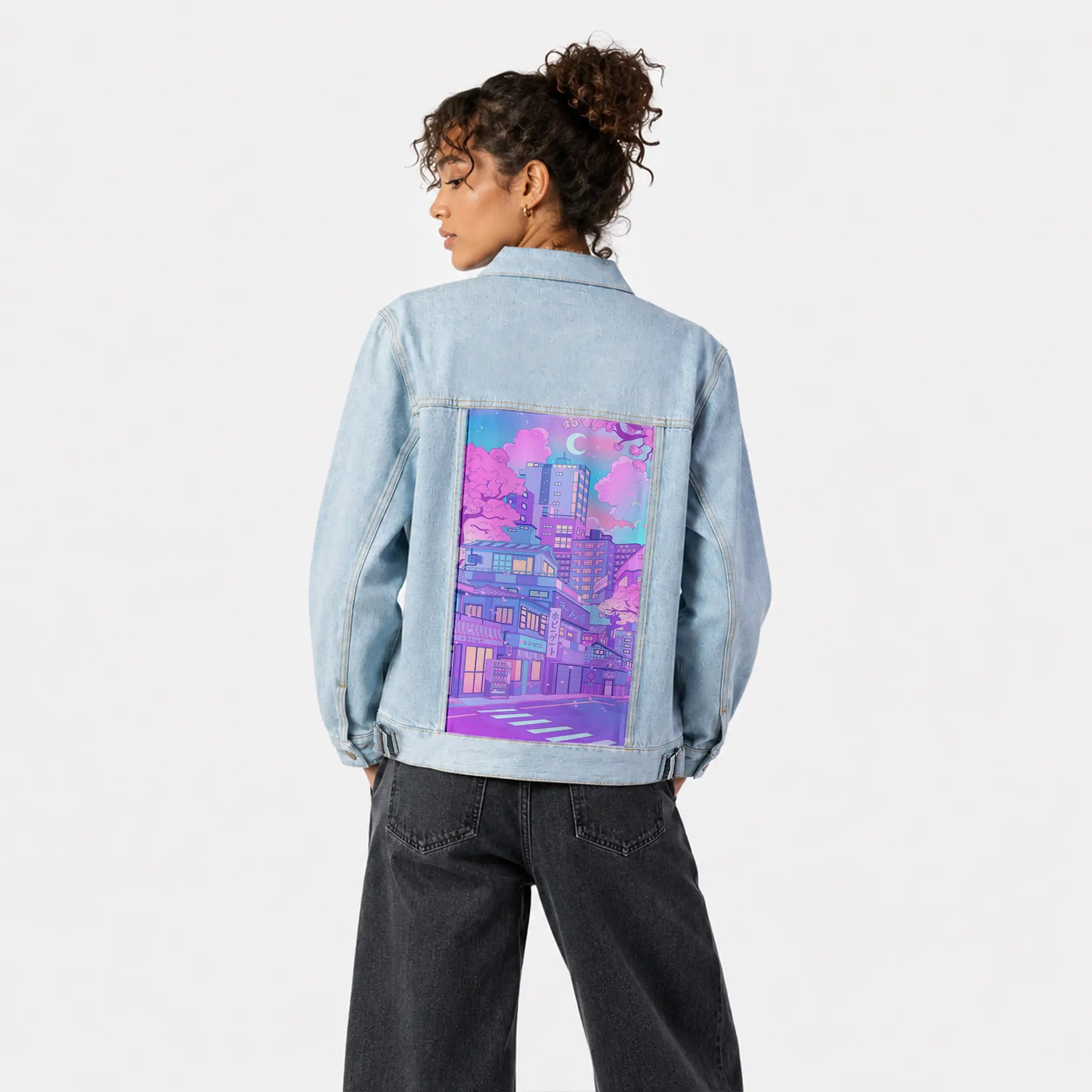 blossomcity patch on female og denim jacket in oceanside