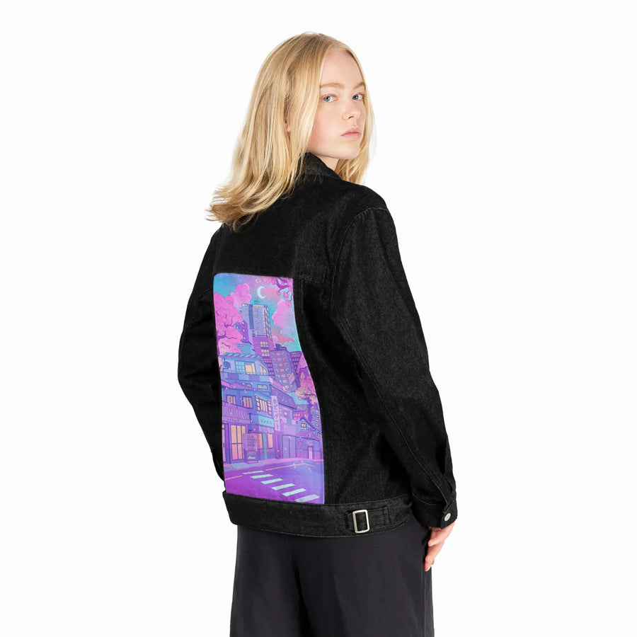 blossomcity patch on female og denim jacket in raven