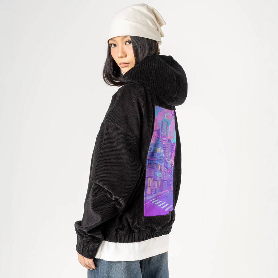 blossomcity patch on female retro cord hoodie in onyx
