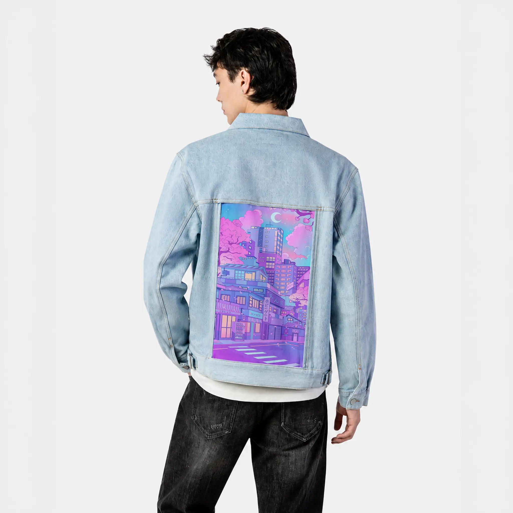 blossomcity patch on male og denim jacket in oceanside