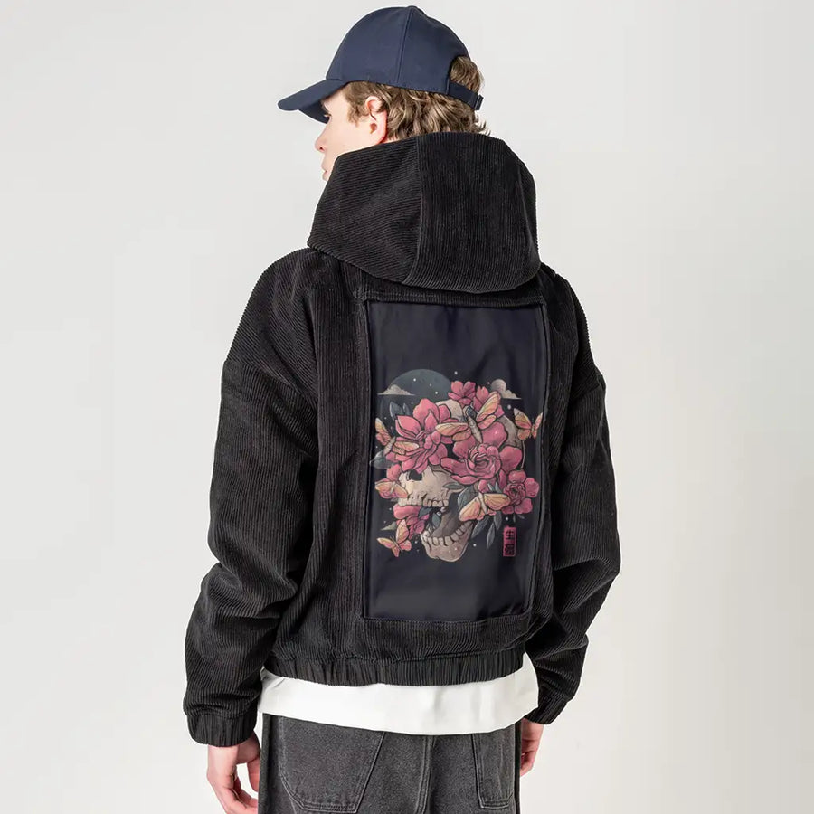 blossomgrave patch on male retro cord hoodie in onyx